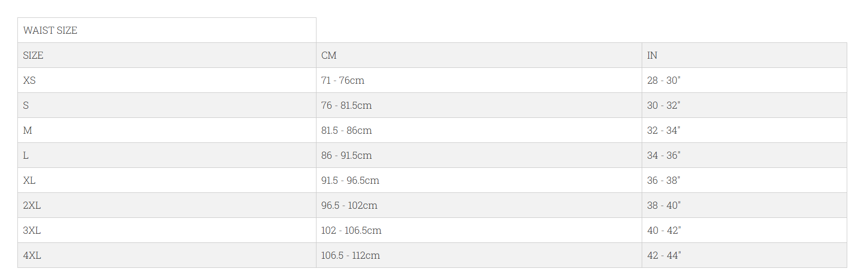 Pants Size Guide Men